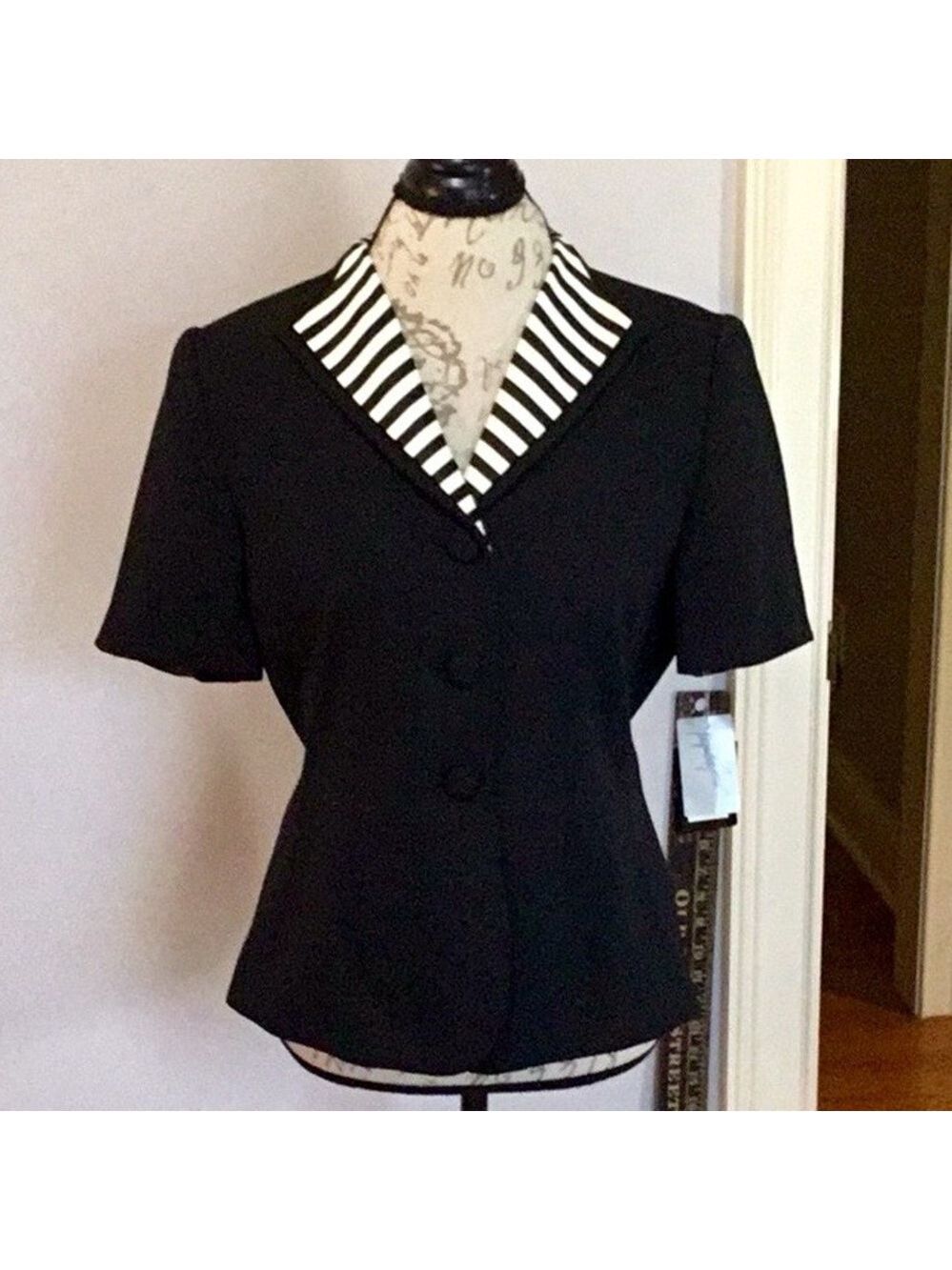 Jacqueline Ferrar Vintage Short Sleeve Blazer Black White 10P